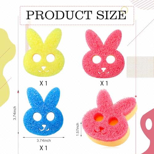 Image of FillTouch 3 Pcs Dual Sided Scrub Sponge Multi Functional Cute Temperature Sensitive Non Scratch Dish Sponge for Washing Dishes Kitchen Bathroom(Rabbit,Pink, Yellow, Blue)