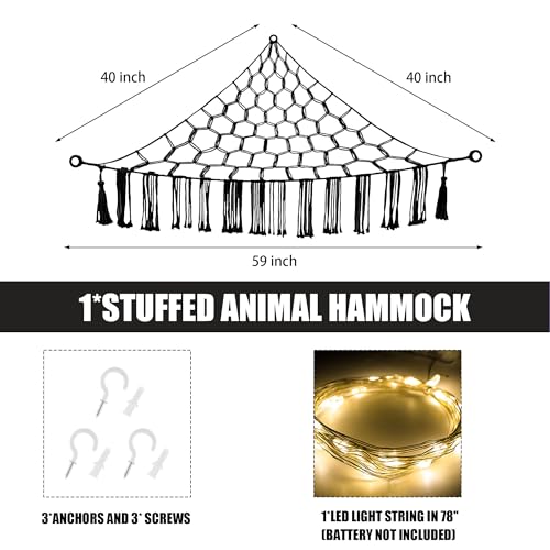 Image of CERETIA Stuffed Animal Hammock with LED Light, Large Stuffed Animals Storage Corner Plushie Net for Kids Room Decor, Black