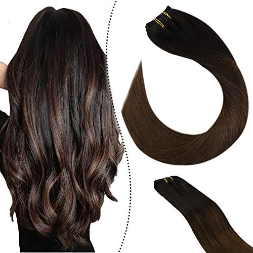 Human Hair Extensions Clip on 18inch Clip in Hair Extensions for Women 120g 7PCS Balayage #1B Off Black Fading to #4 Medium Brown Clip in Human Hair Extensions Remy Hair