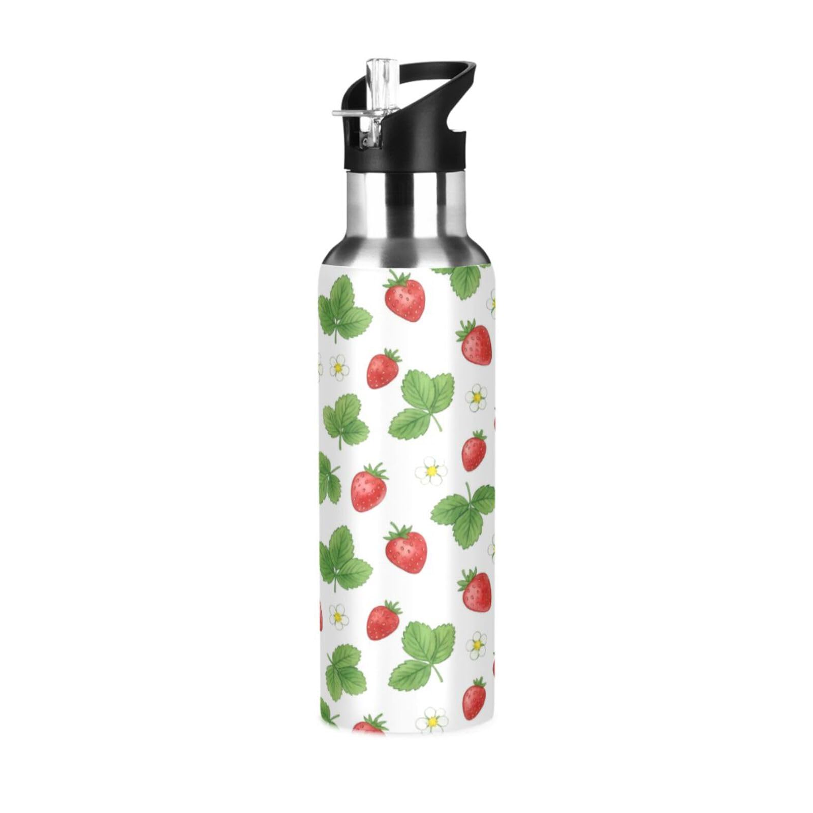 BOESI Watercolor Strawberry Pattern Insulated Water Bottle 600ml, Stainless Steel Vacuum Sports Bottle with Straw, Leak Proof Thermal Bottle for Gym Travel Outdoor