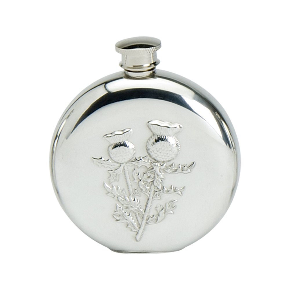 Edwin Blyde & Co Spirit Flask – Traditional Round Shape Classic Thistle Design, 6 oz, Pewter, 14 x 10 x 4 cm