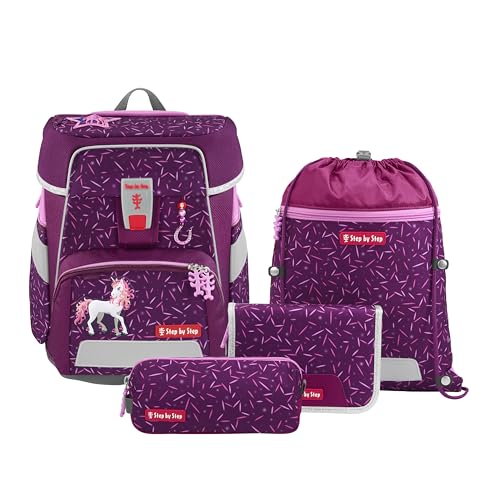 Step by Step Schulranzen-Set Space „Pretty Unicorn Nuala“ 5-teilig, rosa, Einhorn-Design, ergonomischer Tornister mit Reflektoren, höhenverstellbar mit Hüftgurt für Mädchen ab der 1. Klasse, 20L