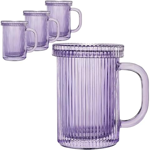 Lysenn Glass Coffee Mugs Set of 4 - Classic Vertical Stripe Tea Mug - Elegant Coffee Cup with Glass Lid for Latte, Espresso - Lovely Gift for Christmas, Anniversary, Birthday - 11 oz Amethyst Purple Cover