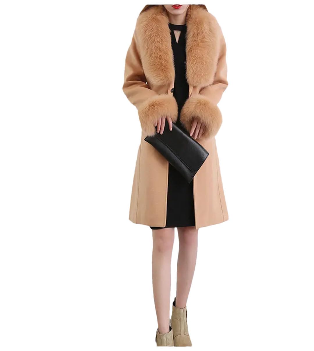 Abrigo de lana para mujer, cuello de piel, ropa de abrigo de lana de longitud media, abrigo delgado de lana de talla grande, color marrón y gris, talla XXL, marrón y gris, XXL