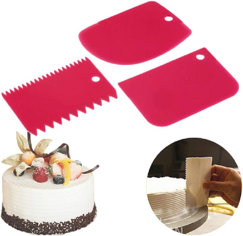 Cake Scraper Spatula Set – 3-Piece Plastic Smoother & Decorating Comb by Koksi – Pastry Dough Fondant Icing Tools
