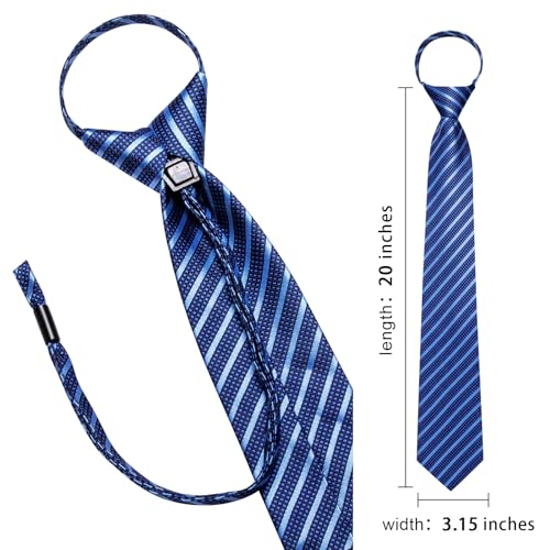 Image of Hi-Tie Mens Adjustable Blue Striped Tie Set Silk Zipper Pre-tied Necktie Handkerchief Cufflinks Pocket Square Lapel Pin Formal Business