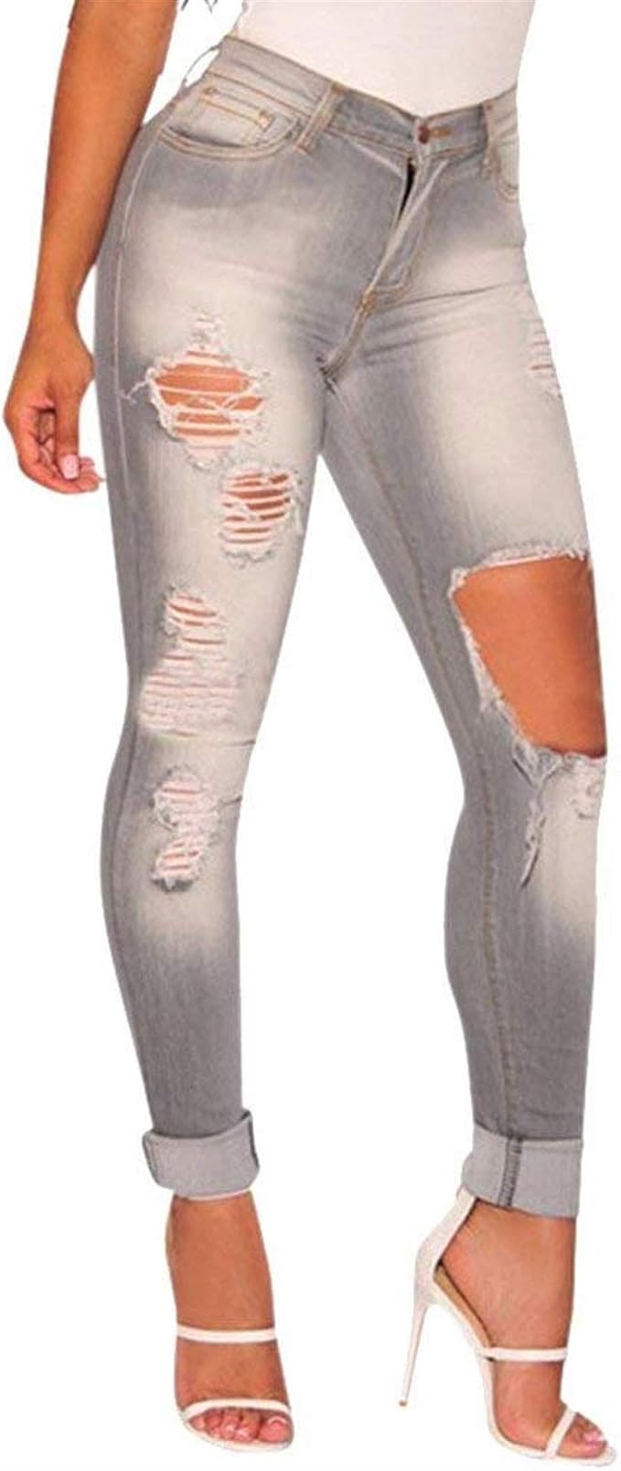 Ladies Jeans Pants Skinny Crack with Destroyed Knee Simple Style Pants