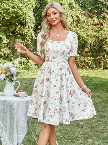 Image of Belle Poque Women's Vintage Midi Cottagecore Cocktail Dresses | Belle Poque Women's Vintage Cottage Core Dress,A-line,Midi,Square Neck,Homecoming Dress,Cocktail Dress,Sun Dress