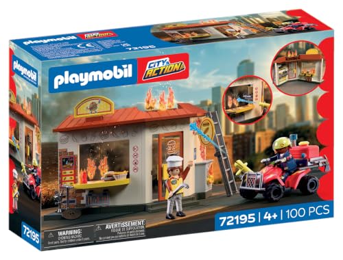 PLAYMOBIL | City Action | Quad de Bomberos con Puesto de Hamburguesas | Quad de Emergencia con Lanza de Agua, Puesto de Comida en Llamas y Accesorios | A Partir de 4 años | 72195