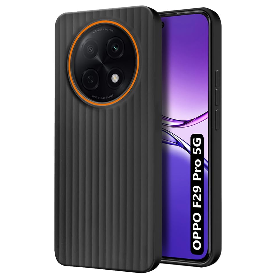 Image of Fashionury Ring Line Beam Design Back Case for Oppo F29 Pro 5G | Ring Line Camera Protection | Vertical Beam Bump Protection | Rubberised Back Case for Oppo F29 Pro 5G (Black)