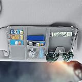 MIGHTYDUTY PU Leather Car Sun Visor Organizer Bag Multi-Function Car Space Hanging Card Phone Storage Pouch Holder with Zipper Card Slots Sunglass Clip, Gray