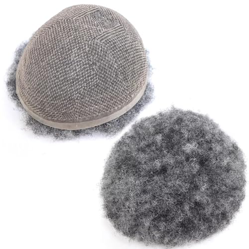 HAPPY&CC Salt and Pepper Afro Toupee for Men Human Hair Replacement System French Lace Mens Hair Piece Protesis African American Man Hairpiece 1B Off Back With 50% Grey Male Toupee