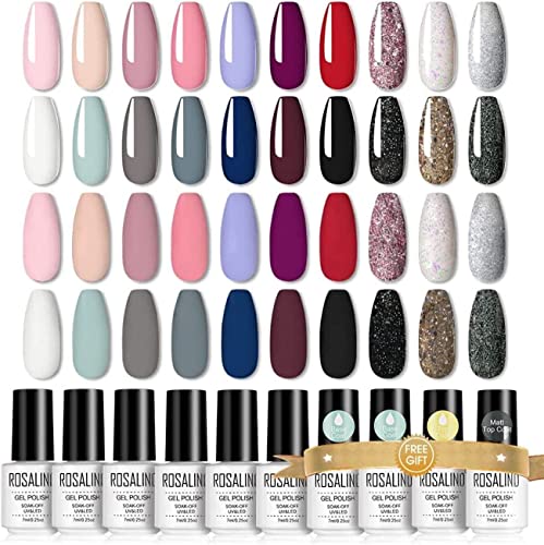 ROSALIND 24pcs Kit de Esmaltes de Uñas Gel UV LED, Esmalte Semipermanente Nude Negro Blanco Rojo Rosa Marrón Brillo Pintauñas Semipermanente 20 Colores 7ml con Base, Capa Superior Brillante y Mate Cover