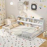 Giantex Full Size Floor Bed for Kids, Wooden Montessori Bed Frame with Bookcase, Storage Shelves & Safety Fence Rails, Floor Beds Full for Girls, Boys, No Box Spring Needed, Without Slats, White