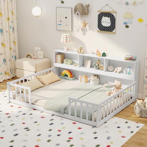 Image of Giantex Full Size Floor Bed for Kids, Wooden Montessori Bed Frame with Bookcase, Storage Shelves & Safety Fence Rails, Floor Beds Full for Girls, Boys, No Box Spring Needed, Without Slats, White