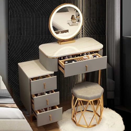 CALEBY Tocador y Taburete: tocador Moderno con Espejo Iluminado Ajustable, 5 cajones y Taburete de Metal Gris: tocador Dormitorio con Mucho Espacio de Almacenamiento