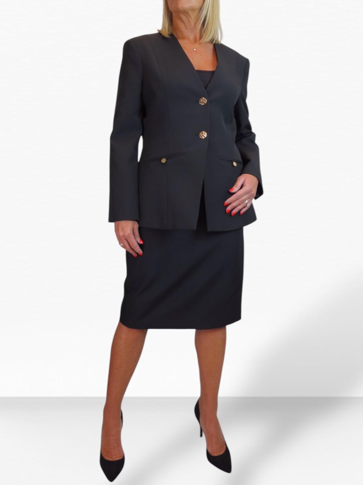 Paulo Due Ensemble Tailleur Femme 2 Pièces – Veste Col V et Jupe Mi-Longue Élégante, Invitée Mariage et Bureau