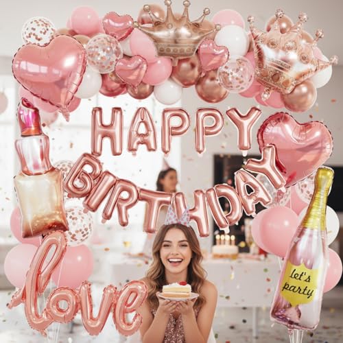 Image of Piece Rose Gold Birthday Decorations for Women 96pcs, Pink Balloons birthday decorations with Happy Birthday Banner, Rose Gold Foil Fringe Curtains for Valentines Wedding Romantic Party Decor
