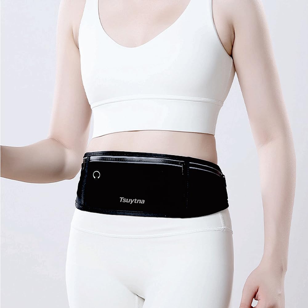 TSUYTNA Slim Running Belt Fanny Pack for Men Women, Running Phone Holder Runners Pouch Waist Pack for Workout, Money Belt, 3 Pockets Running Gear Accessories Fits ALL Phones (Black)