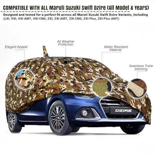 Image of Pivalo Car Body Cover for Swift Dzire All Model & Years (2008-2024) 100% Waterproof with Mirror & Antenna Pockets Triple Stitched Dustproof Heat Resistant UV Protection (Military /Jungle /Camouflage)