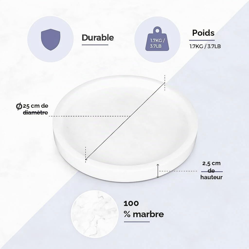 Silk Route Home Plateau Rond en marbre Blanc Multi-usages 25 cm de diamètre, 25 x 25 x 2,5 cm
