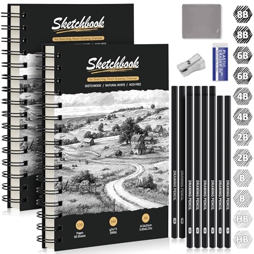 DazSpirit 2Stück A5 Skizzenbuch, Hardcover Zeichenblock mit 160g/m² dickem Papier, 12 Skizzenstifte & Radiergummis, Spiralbindung, 60 Blätter/120 Seiten Skizzenblock – für Bleistift, Kohle, Pastell
