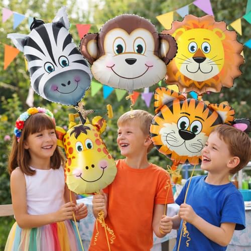 Image of Rozi Decoration Safari Animal Balloons Set, Jungle Theme Party Decorations with Lion, Tiger, Zebra, Giraffe Characters, Birthday Party Supplies, Foil Mylar Balloons