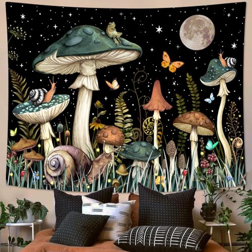 Image of MAKABEE Polyester Mushroom Tree Tapestry Boho Retro Floral Flowers Tapestries Aesthetic Vintage Tapestry Wall Hanging for Bedroom (Mushroom Tree of Life(51inch x 59inch))