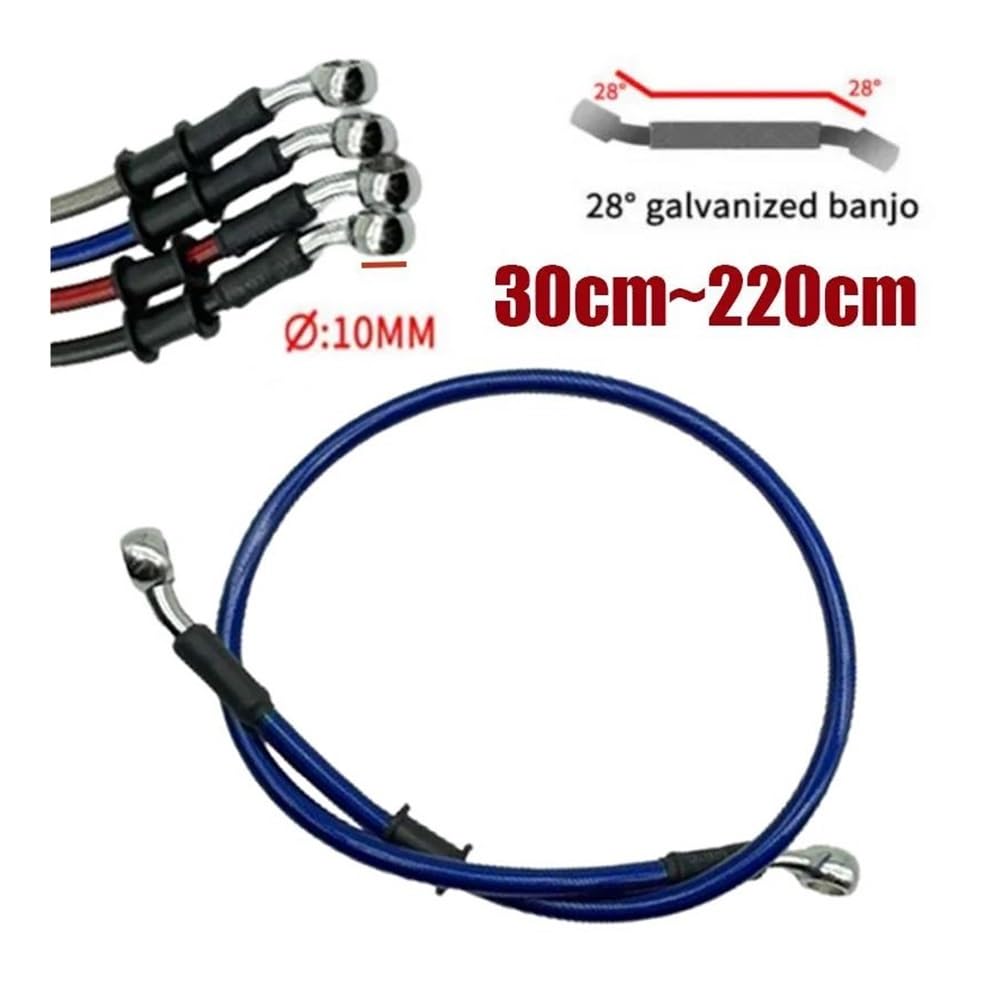 Moto Tuyau d'Huile Frein Câble Tuyau Frein en Acier Tuyau Banjo Hydraulique 300-2200mm 10mm 28 Degrés pour Moto Dirt Bike Ligne Tressée Adapté À La Course Universelle Bleu(Blue 140cm)