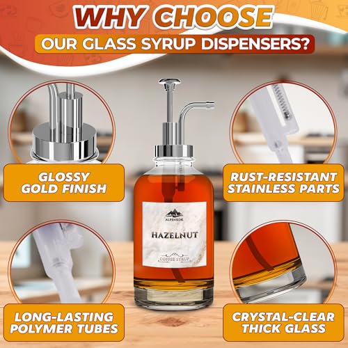 Image of Set of 4 Glass Syrup Bottle with Pump 16.9oz 500 ml - Thick Glass Syrup Dispenser with 18 Marked Labels, Leak-Proof, Easy Cleaning - Coffee Bar Essentials for Home | Event Ready (Silver Pumps)