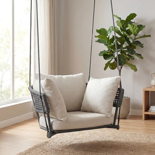 Image of Single Porch Swings Chair with Cushions, Hanging Rope Swing, Hanging Chair for Bedroom, Hammock Chairs Swing Indoor & Outdoor, Macrame Hanging Swinging, Patio, Balcony, Beige