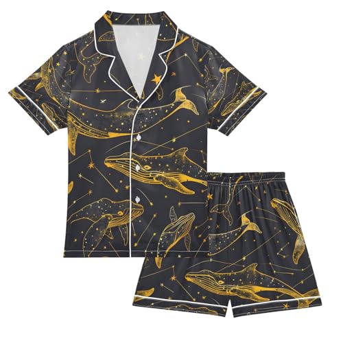 senya Line Golden Whale Satin Summer Pajama Sets Silk Short Sleeve Button Down Sleepwear