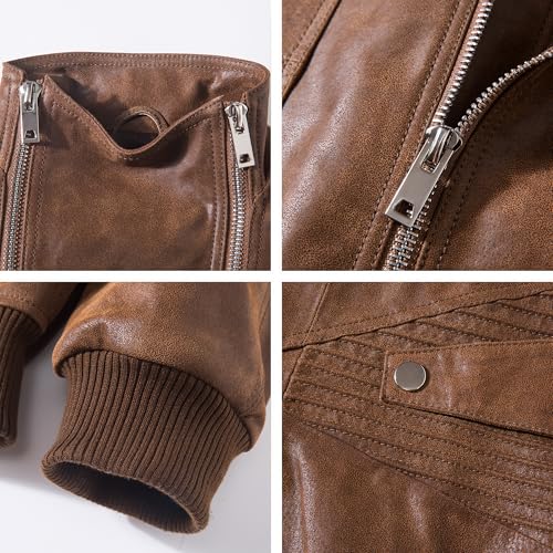 Image of FLAVOR Mens Leather Motorcycle Jacket Real Leather Biker Jacket with Stand Collar