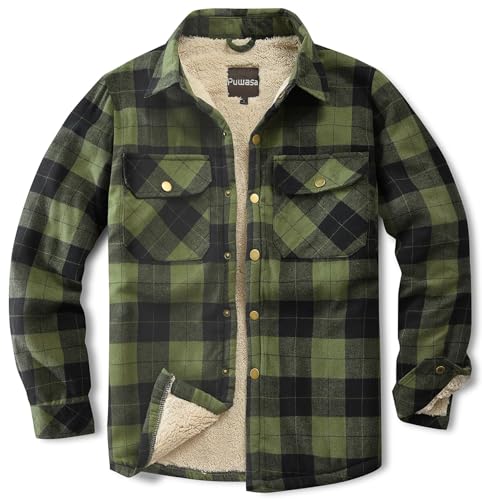 Men's Sherpa Lined Cotton Flannel Shirt Jacket Plaid Button Up Jacket Coat for Men with Pocket