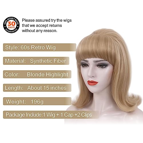 REEWES Beehive Wig With Bangs 50's Flip Wig For Women 60s 70s Party Costume Cosplay Halloween(Blonde Highlight) - Image 2