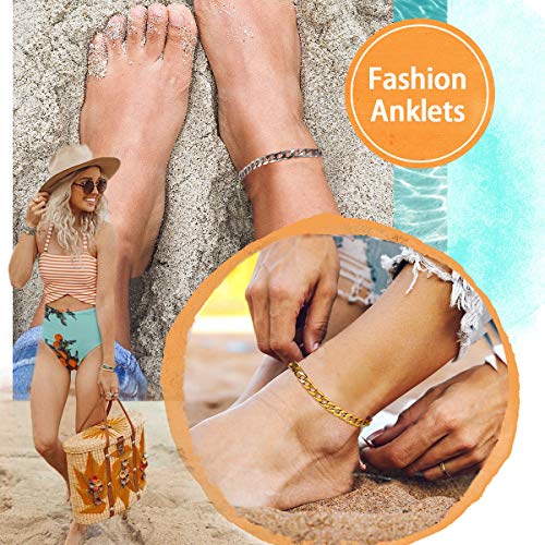 Focalook Cuban Link Anklets For Women Waterproof Stainless Steel Anklet Flat Cuban Chain Anklets 8.5-10.5Inch Adjustable For Large Size Ankle #TOP1