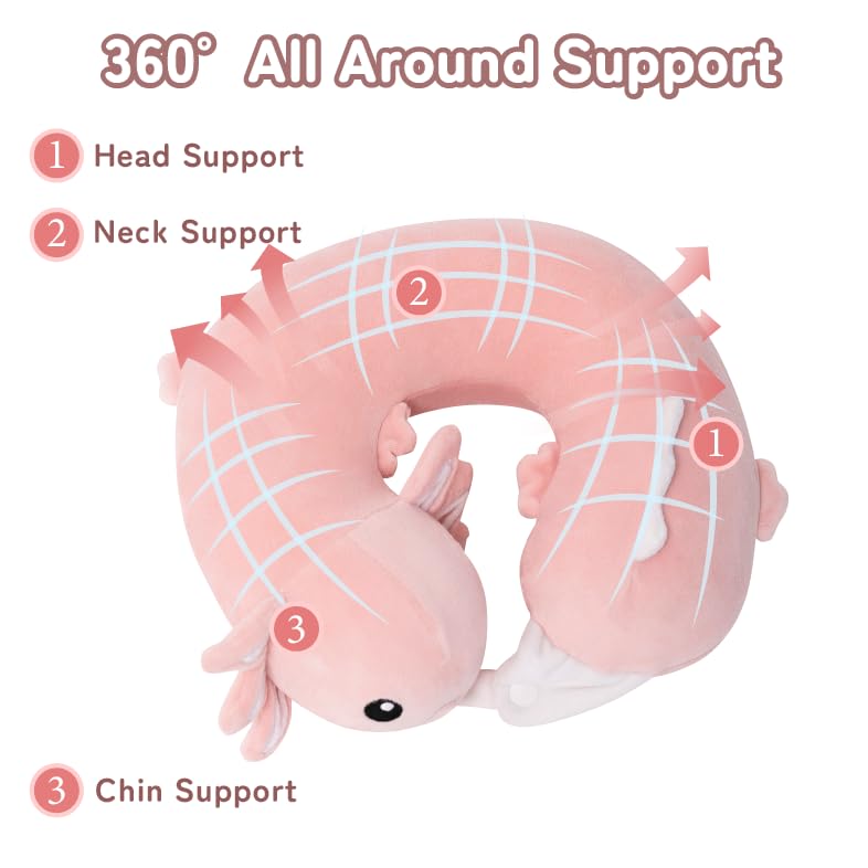 Image of Memory Foam Kids Travel Neck Pillow for Ages 9+, Blue Axolotl Design | Removable cover, machine washable, 360-degree head & chin support, 17 in neck size for teens and adults, car & airplane use