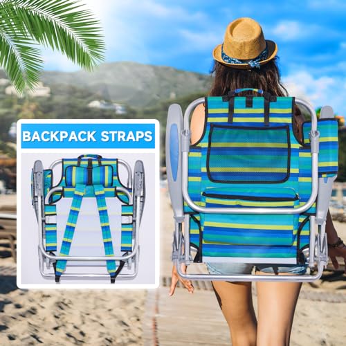 Canpsky Portable Beach Chair for Adults, Outdoor Camping Chair Lay Flat Folding Backpack Beach Reclining Chair with 4 Positions, Headrest, Cooler Pouch, Cup Holder, Multi Srtiped
