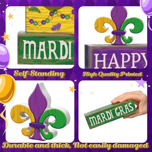 Image of Moucuny 4 Pcs Mardi Gras Decorations Mardi Gras Wooden Sign Carnival Table Centerpiece Carnival Tiered Tray Decor Decorative Faux Book Stack Block for Masquerade Party Fireplace Mantel Shelf