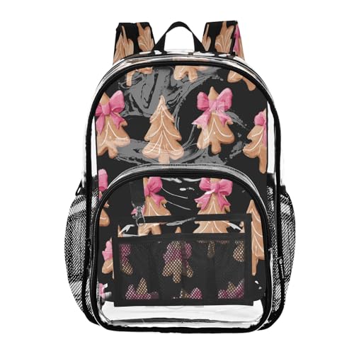 Clear Backpack for School Bow Christmas Tree Black Background Pattern Transparent Bookbag for Girls See Through PVC Boy Backpacks
