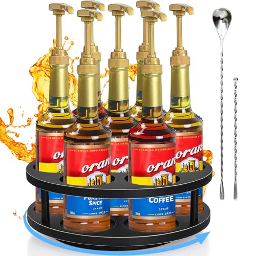 Rotating Syrup Organizer for Countertop, 7 Bottle Rack Stand with 2 Stainless Steel Stir Sticks,...