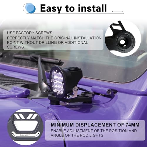 KMFCDAE Cowl Light Mount for Jeep JL A-Pillar Cube Light Pods Mounting Bracket for Jeep JL Wrangler/Gladiator JT 2018 2019 2020 2021 2022 2023 - Pair