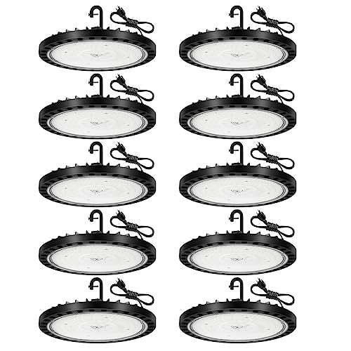 Viugreum 10pack LED High Bay Light 5000K, 200W, 20000Lm(Ip65) UFO High Bay Lights with US Plug Commercial Bay Lighting for Barn/Garage Commercial Warehouse Car Wash Shop UFO Lights, Hanging Chain