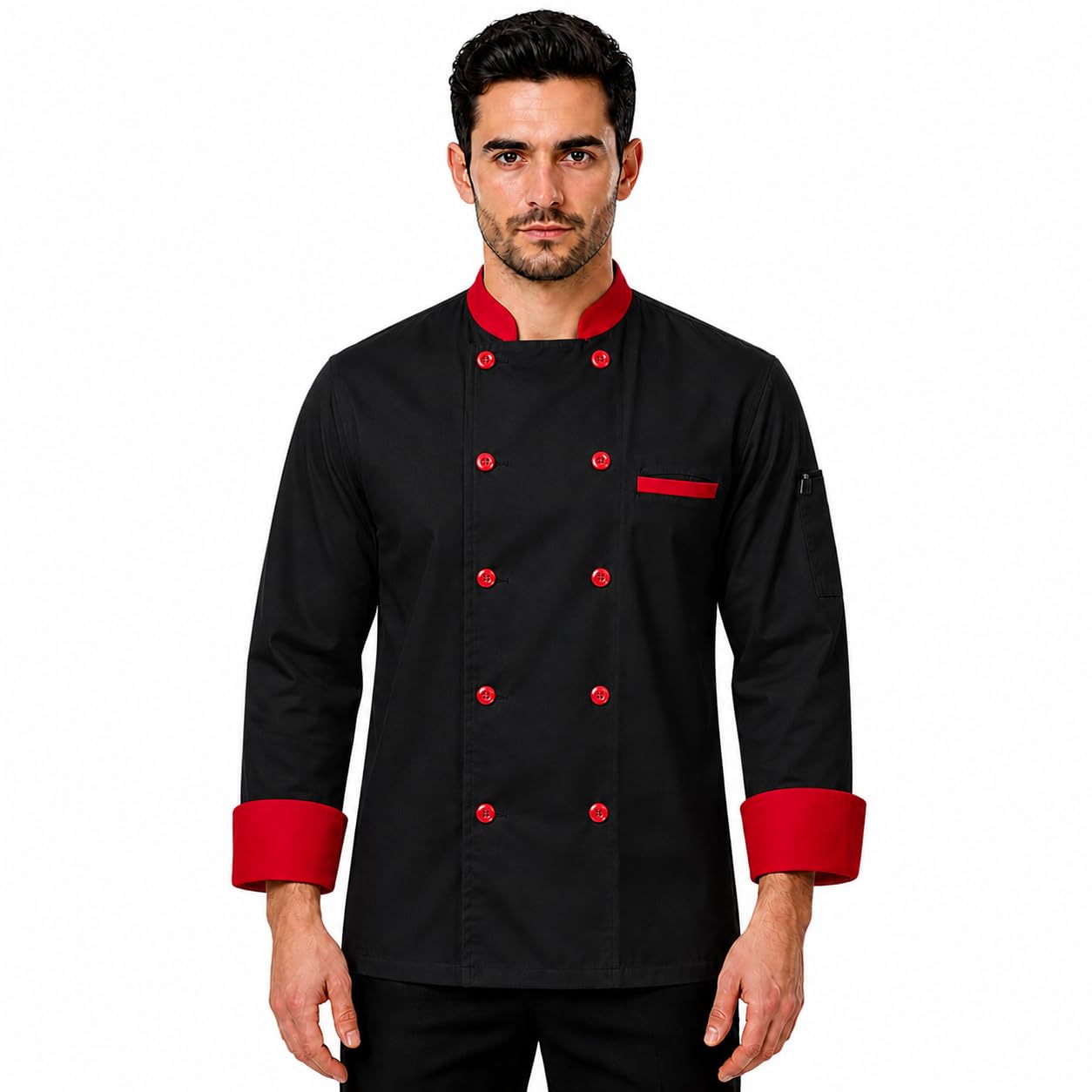KODENIPR CLUB Men's And Women's Black Chef Coat Red Contrast,Poly/Cotton Casual Style,Size (Medium(38))-picture-35