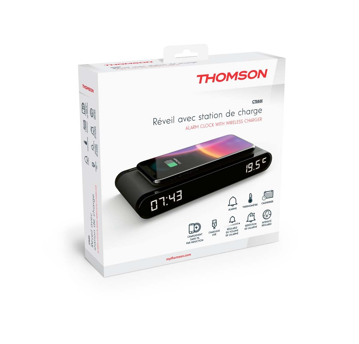 THOMSON CP202T wekkerradio, plafondprojector, dubbel alarm, weergave van temperatuur en vochtigheid, FM-radio, digitale ochtendwekker met USB-C- oplaadaansluiting