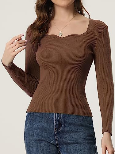Image of Allegra K Women's Casual Sweetheart Neck Sweater Long Sleeve Top Slim Fit Pullover Sweater Medium Brown