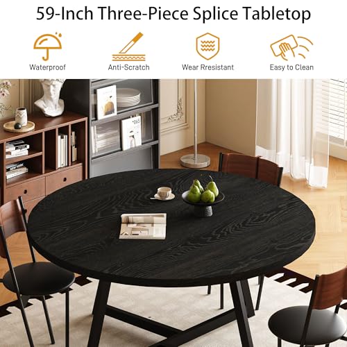Image of Large Round Dining Table for 6-8, Wooden Dinner Table with Heavy Duty Metal Pedestal Base, for Kitchen Living Room, Space Saving, 59 Inch, Black
