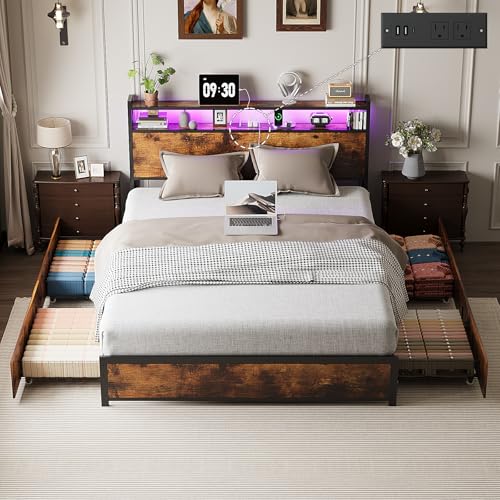 VINGLI Queen Bed Frame with 4 Storage Drawers and Headboard, Metal Platform Panel Bed with Charging Station and RGB LED Lights, No Box Spring Needed, Noise Free, Easy Assembly, Vintage Brown
