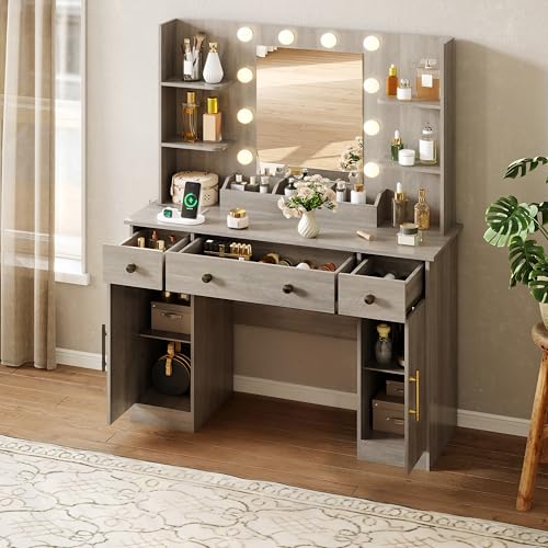 Image of HUANLEGO Vanity Desk with Mirror and Lights, Makeup Vanity with Mirror and LED Lights & Power Outlet, 3 Drawers and Cabinets, 3 Lighting Modes Dressing Table Set for Girls Women Bedroom,Grey