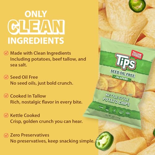 Image of TIPS Potato Chips - Snack Pack - Tallow Cooked - Seed Oil Free & Gluten Free - Kettle Style Potato Chips Made with Potatoes, Beef Tallow, and Sea Salt (5oz 4 Pack, Jalapeno)